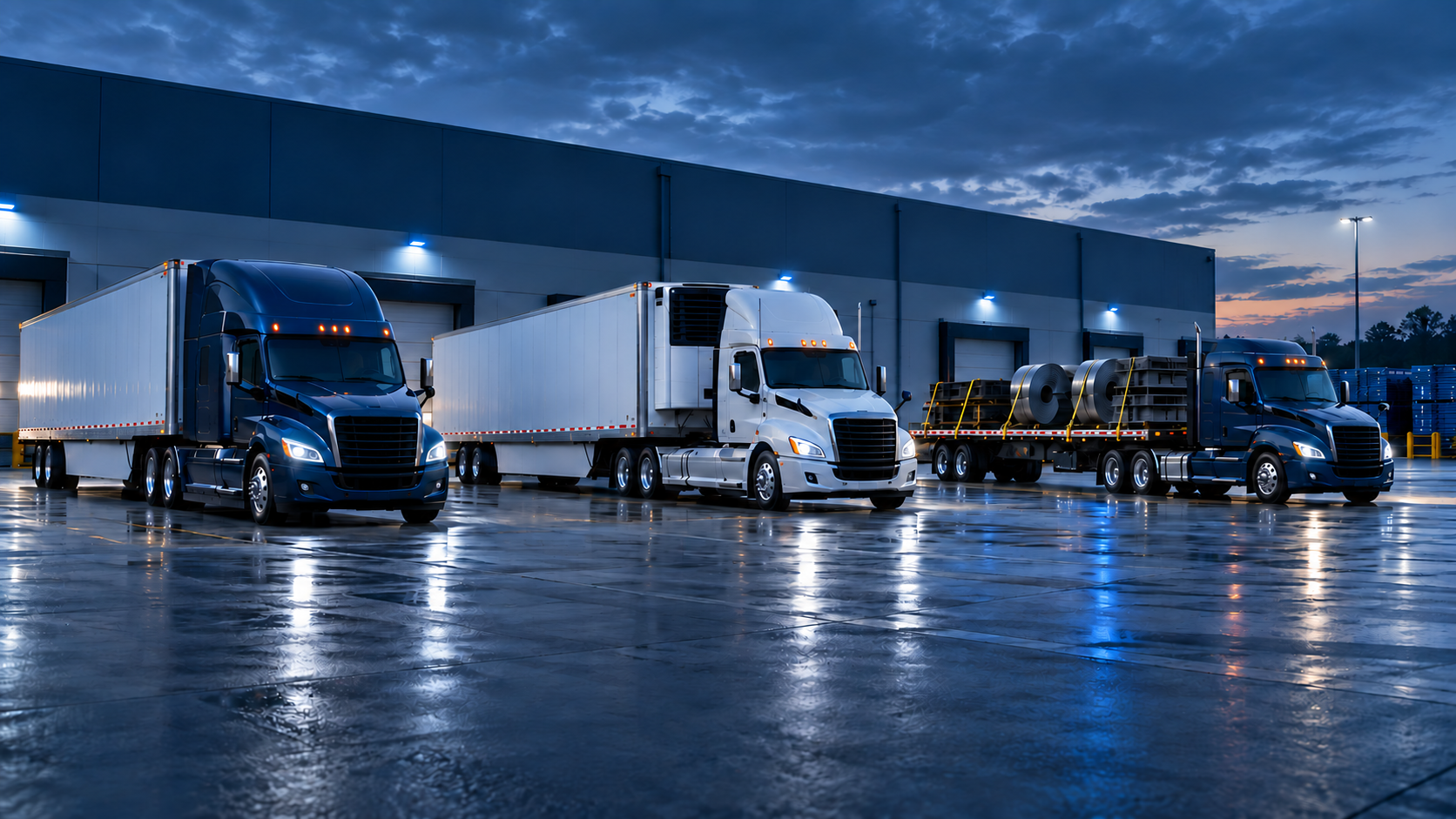 Dry van, refrigerated and flatbed freight equipment at a distribution center
