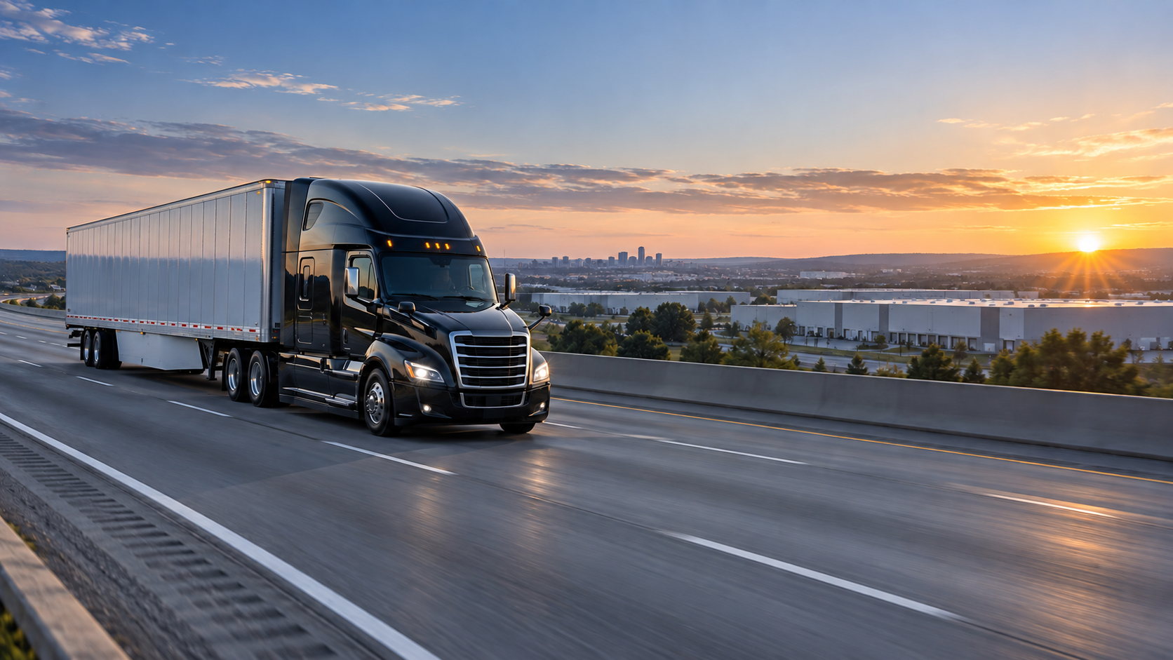 Black tractor-trailer moving freight on an interstate near a distribution corridor