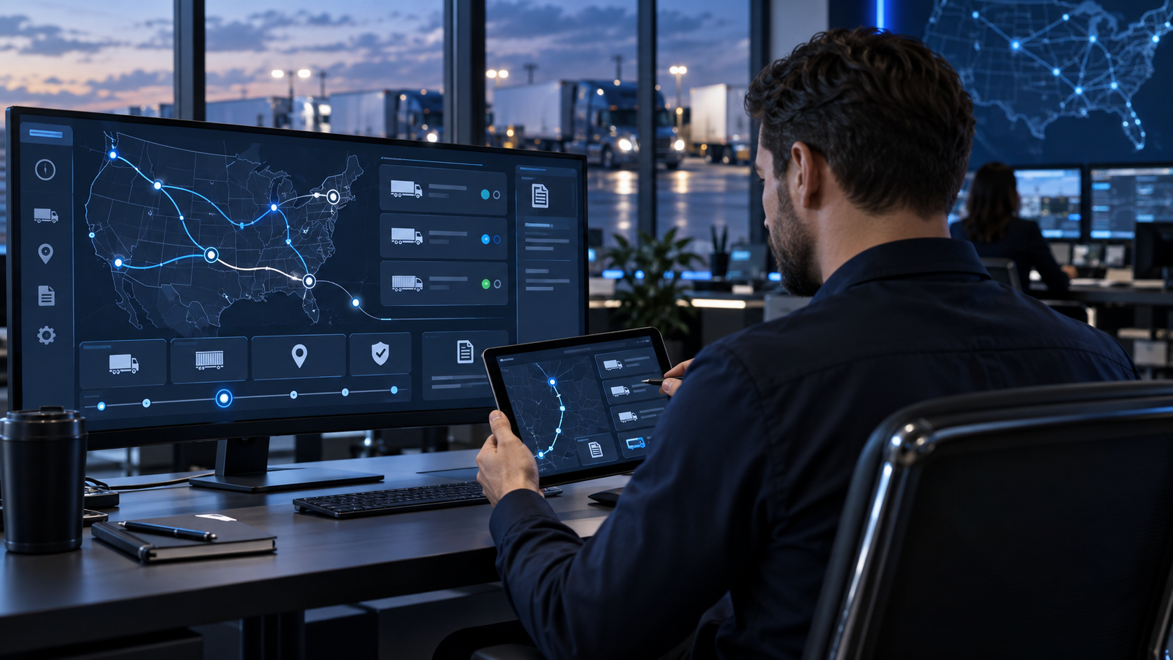Transportation professional reviewing shipment routes and documents in a logistics operations center